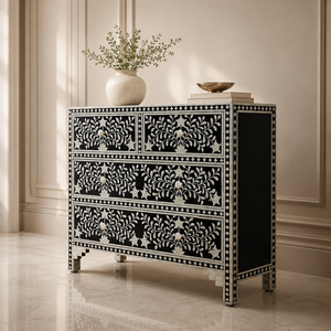 Aparador Decorativo de Madera con Incrustaciones de Hueso, Mesa Auxiliar con Patrón Floral, Mueble para Sala de Estar u Hotel - Product Image 2