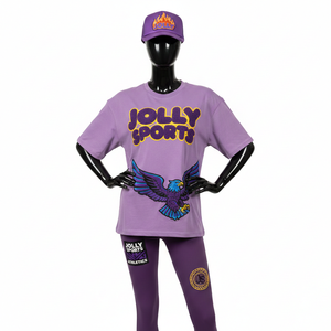 Ensemble sportif pour femme, t-shirt en coton premium 200 GSM et legging en polyester et élasthanne, logo aigle imprimé par transfert thermique DTF violet, personnalisable. - Product Image 1