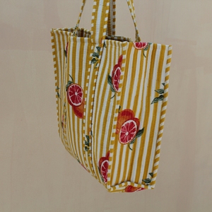Elegant Quilted 100% Cotton Medium Size Shopping Yellow Tote <b>Bag</b> with Fruit Print Handmade <b>Reusable</b> Long Shoulder Strap Carry - Product Image 5