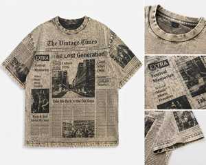 Men’s Vintage Washed T-<b>Shirt</b> with Newspaper Print Oversized Streetwear Tee Custom Graphic Cotton Top with <b>Leather</b> Hem Label - Product Image 1