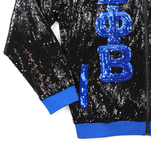 Chaqueta Bomber Negra con Lentejuelas Zeta Phi Beta para Mujer, Chaqueta de Sororidad con Letras Griegas Brillantes y Cierre de Cremallera, Ribete Azul, Prenda Exterior Elegante - Product Image 2