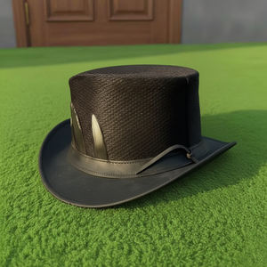 Sombrero de copa unisex de cuero negro hecho a mano de primera calidad con diseño de llamas y estilo gótico de calavera - Product Image 2