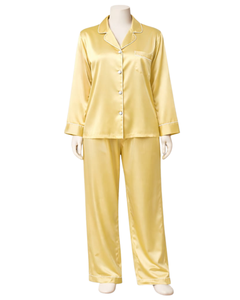 Conjunto de Pijama de Satén Amarillo Personalizado para Mujer, Manga Larga, con Botones, Estilo Seda, Ropa de Dormir de Dos Piezas, Conjunto Cómodo para Estar en Casa - Product Image 1