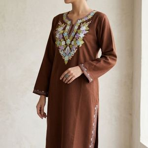 Chocolate Brown Kashmiri Pheran <b>Kurti</b> with Pastel Floral Embroidery - Product Image 1