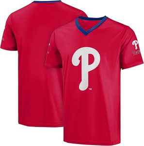 <span class=keywords><strong>Camiseta</strong></span> Roja con Cuello en V de los Philadelphia Phillies con Logotipo Blanco y Ribete Azul, Material de Poliéster, Diseño Deportivo Resistente - Product Image 1