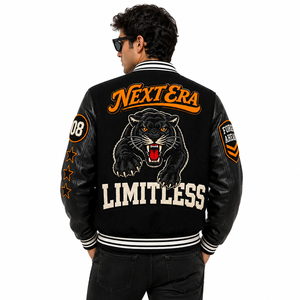 Chaqueta Varsity Negra para Hombre, Poliéster/Nailon, Mangas Bordadas, Diseño con Parche de Letras de Pantera en la Parte Delantera, Resistente al Viento, Transpirable, con Cierre - Product Image 5