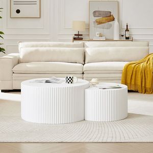 Set di 2 Tavolini da Caffè in MDF con Rilievo Artigianale, Tavolini a Incastro Bianchi per Soggiorno, Ufficio o Area Relax - Product Image 2