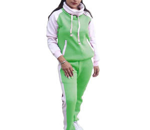 Women Green White Color Blocking Tracksuit Full Sleeve Turtleneck Casual <b>Jogger</b> Set Side Pockets Drawstring Closure - Product Image 1