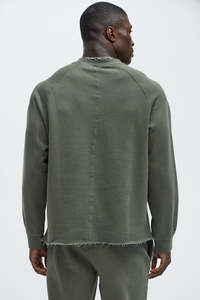 <b>Mens</b> Olive Green Crewneck Sweatshirt Raglan <b>Long</b> <b>Sleeve</b> Fleece Pullover Raw Edge Hem Loose Fit Casual Streetwear Tracksuit <b>Top</b> - Product Image 4