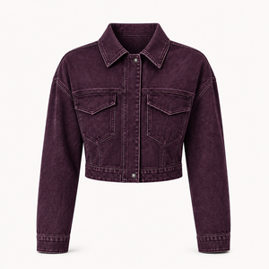 Women’s <b>Cropped</b> <b>Jacket</b> with Long Sleeves, Classic Collar, Snap Button Closure, Dual Chest Flap Pockets Washed <b>denim</b> fabric - Product Image 4