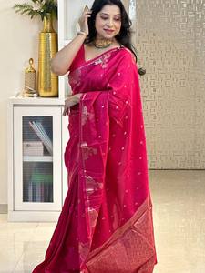 Sari traditionnel pour femme en soie pure Banarasi de luxe, tissé avec des fils d'argent Zari, doux, infroissable, protection solaire, hiver et été - Product Image 3