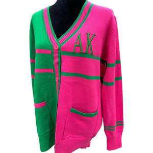 Cardigan personnalisé 1908 AKA rose et vert, col en V, cardigan de sororité, pull en acrylique tricoté, pulls pour femmes, broderie bicolore sur le devant - Product Image 6