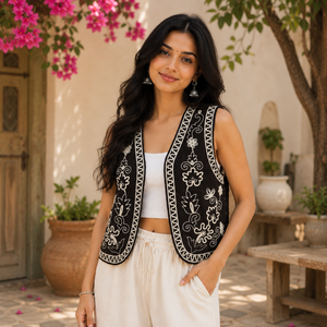 Gilet en coton noir brodé de fleurs pour femme, sans manches, style bohème ethnique, ouvert sur le devant, vêtement décontracté, personnalisable OEM ODM - Product Image 1