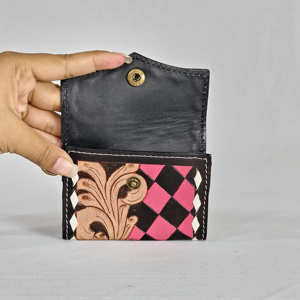 Handmade for Black Genuine Leather <b>Card</b> Holder Geometric Embossing Button Closure Anti-Theft Bohemian Style Unisex Short <b>Wallet</b> - Product Image 4