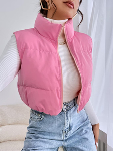 Gilet matelassé rose pour femme, col montant, fermeture éclair, couleur unie, décontracté, court, sans manches, veste d'extérieur automne-hiver - Product Image 6