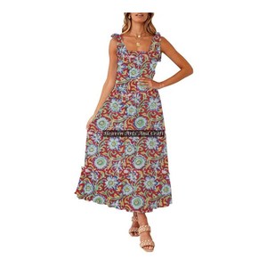 Vestido bohemio para mujer, con estampado de bloques, de algodón, con tirantes finos, diseño gitano hecho a mano, túnica de algodón transpirable, vestido con tirantes finos. - Product Image 1