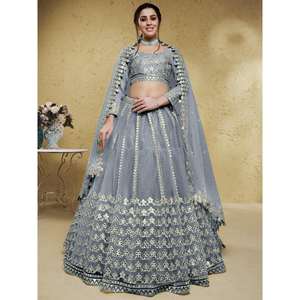 Excelente ropa de boda de red de trabajo de lámina gris Lehenga Choli con Dupatta - Product Image 1