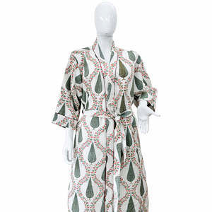 Handmade Cotton Block Print <b>Bathrobe</b> Women Floral Leaf Design Spa Robe Breathable Morning Gown Comfortable Long Dressing Gown - Product Image 1