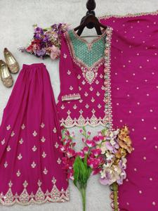 Chinon Silk <b>Mirror</b> Work Kurta Featuring Sequence Embroidered Palazzo Matching Dupatta Accents Three Piece Suit CC T 6000 DC - Product Image 6