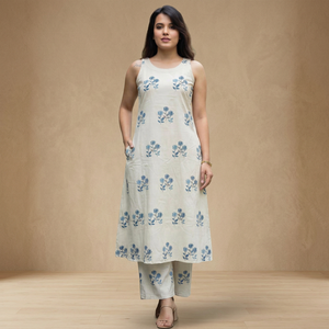 Kurti en coton beige à imprimé floral pour femme, coupe ample, longueur midi, tenue décontractée, mode Inde Pakistan, style été - Product Image 1