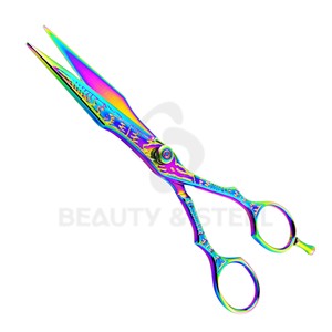 Ciseaux de coiffure professionnels multicolores arc-en-ciel avec motif de dragon sculpté et lames à bords convexes tranchants - Product Image 5