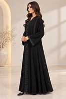 Abaya élégante noire longue jusqu'au sol avec bordure en dentelle, manches longues, col en V, devant ouvert, robe formelle modeste, tenue islamique pour femmes musulmanes