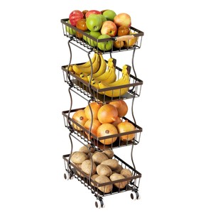 Chariot de rangement classique en métal pour fruits et légumes sur roulettes avec plateau en bois, panier de rangement roulant pour cuisine et garde-manger, meilleur prix - Product Image 4