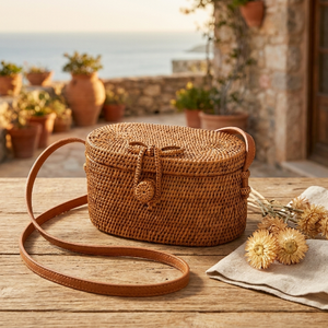 Fashion Natural Rattan Oval Shape <b>Wicker</b> HandBag Cotton Lining Button Closure Bow Cheap Price from Vietnam Straw Beach <b>Bag</b> - Product Image 4