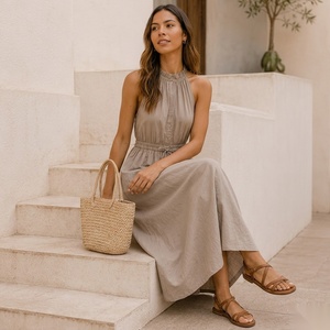Halter Neck Maxi <b>Dress</b> Elastic Waist Sleeveless A-Line Solid Color <b>Boho</b> Style Breathable Viscose <b>Summer</b> Casual <b>Dress</b> - Product Image 3