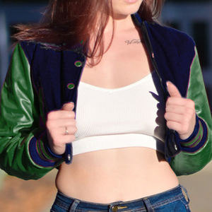 Veste courte universitaire pour femme, bleu marine et vert, style Letterman, manteau bomber, manches en similicuir, vêtement d'extérieur décontracté, mode féminine - Product Image 2