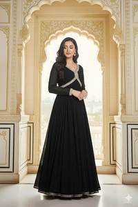 Ensemble Kurti Anarkali en georgette noire avec dupatta pour femme, deux pièces, manches longues, col en V, longueur mollet, tailleur prêt-à-porter - Product Image 2