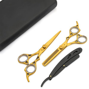 Gold Coated Stainless Steel Hair Cutting and Thinning Scissors <b>Set</b> with Barber Razor and Storage Case - Product Image 1