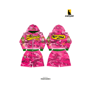 <b>Pink</b> Camo Hoodie Zipper <b>Jacket</b> & Shorts Set (2 PCS) | Soft Comfortable Tracksuit Outfit | OEM Private Label Manufacturer - Product Image 1