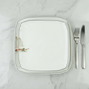 2 Square <b>Melamine</b> Durable Eco Friendly Portable Luxury Dinnerware Set 2pc Serving <b>Plate</b> Asian Scenic Design White Black Border - Product Image 1