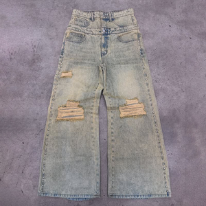 Pantalones Vaqueros Holgados Personalizados para Hombre, Corte Recto, 100% Algodón, Lavado Ácido, con Decoración de Botones, Transpirables, Diseño Sólido - Product Image 1