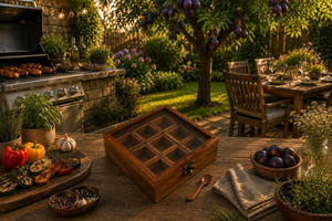Boîte à épices en bois artisanale avec couvercle et cuillère, organisateur d'épices de cuisine à 9 compartiments, conteneur de rangement pour épices en bois - Product Image 3