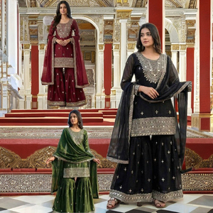 Traje Sharara TOP con Dupatta, Bordado de Lentejuelas de Seda GMY Pura y Trabajo de Espejo Real - Product Image 1