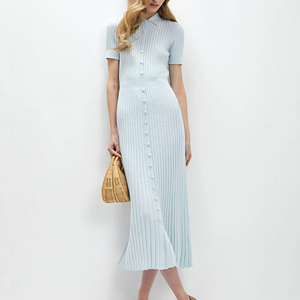 Vestido Maxi Elegante Francés Casual con Cuello Polo, Línea A, Tejido de Punto, Manga Corta, Algodón Ecológico, Estilo Modesto para Negocios - Product Image 1