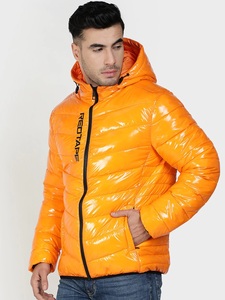 Veste matelassée à capuche orange pour homme, coupe-vent, fermeture éclair sur le devant, vêtement d'hiver décontracté, couleur unie, rembourrage épais en polyester - Product Image 5