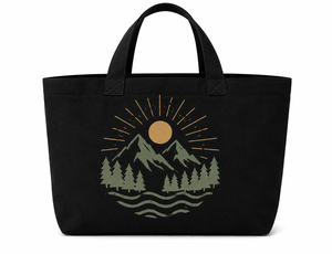 Sac fourre-tout en toile noire avec imprimé soleil de montagne, design minimaliste, sac de shopping et de voyage toutes saisons, fermeture personnalisée - Product Image 1