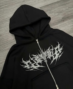 <b>Black</b> <b>Zip</b>-Up <b>Hoodie</b> Custom Graphic Sweatshirt Flame Print Oversized Winter Knitted Pullover <b>Hoodie</b> for Streetwear OEM Service - Product Image 2