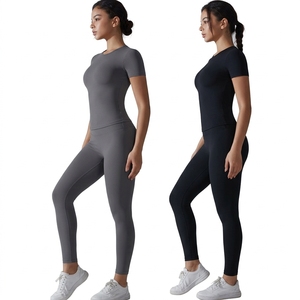Conjunto Deportivo de 2 Piezas para Mujer, Manga Larga, Cuello Redondo, Pantalones Cortos de Cintura Alta, Ropa Deportiva para Gimnasio - Product Image 2