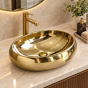Lavabo Ovalado de Lujo en Latón Dorado con Acabado Espejo, Lavabo de Encimera de Alto Brillo para Baño, Proyecto para Hotel o Villa - Product Image 2