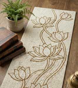 Oriental Handmade Fabric <b>Table</b> Runner Rectangle Beaded Lotus Design Mat - Product Image 1