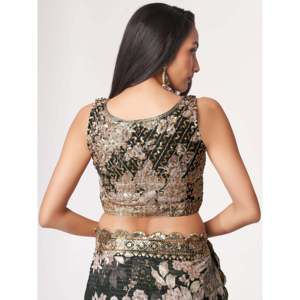 Sorprendente Sari de organza con estampado floral negro con blusa - Product Image 1