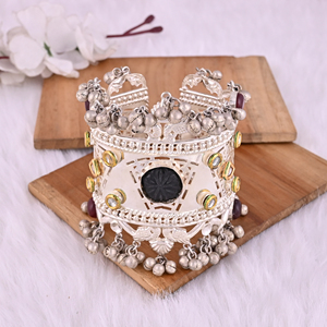Garnet Hydro & Black Onyx & Kundan Ethnic Cuff <b>Bracelet</b> | Silver Plated Brass Jewelry - Product Image 2