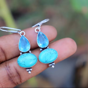 Pendientes de Plata de Ley con Turquesa Tibetana Natural y Topacio Azul, Certificados por IGI, Diseño Art Deco, para Uso Diario y Fiestas, Regalo para Ella - Product Image 1