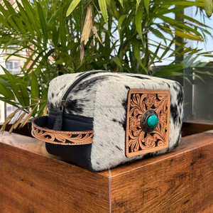 Nouvelle trousse de toilette de voyage en cuir taillé à la main grande capacité sacs à cosmétiques en pierre Turquoise sacs de maquillage de stockage Portable en peau de vache - Product Image 4