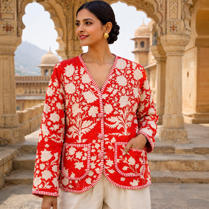 Chaqueta Acolchada de Algodón con Estampado Floral Rojo para Mujer, Ligera, Hecha a Mano, con Estampado Digital, Abertura Frontal, Prenda Exterior de Moda para Otoño e Invierno - Product Image 4