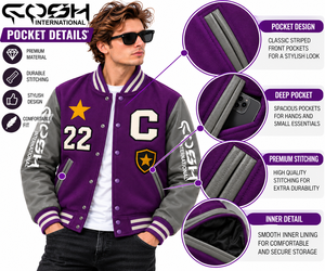 Blouson universitaire pour homme violet à blocs de couleur, col montant, boutonnage, manches en similicuir, appliqués, style baseball classique - Product Image 3